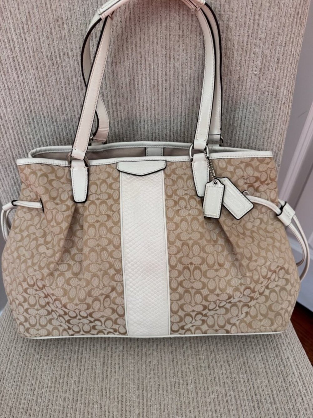 Coach Signature Tan Canvas Leather Carryall Snake Embossed Satchel Bag F31308